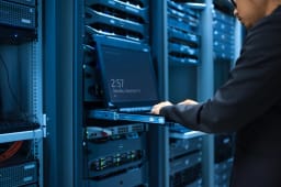 Homme intervenant sur des serveurs informatiques