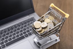 Caddie plein de pices sur un ordinateur portable