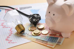 Une ampoule, de l'argent et un document symbolisant des variations de prix.