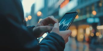 Un homme regarde son smartphone.