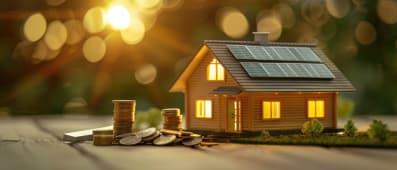 Une maison miniature quipe de panneaux photovoltaques  ct de piles de pices.