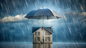 Une maison miniature protge par un parapluie.