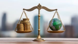 Une balance avec d'un ct des pices de monnaie et de l'autre une reprsentation de la Terre.
