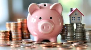 Une tirelire, des pices de monnaie et une maison miniature;
