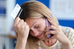 Une femme au tlphone tient sa carte bancaire.