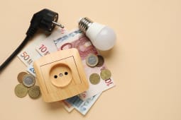Une prise lectrique, une ampoule, des billets et des pices de monnaie.