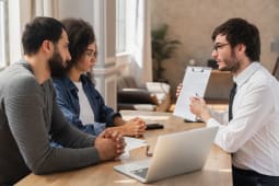 Un homme montre un document  deux personnes.