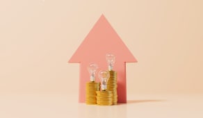 Une maison, des piles de pices de monnaie et des ampoules.