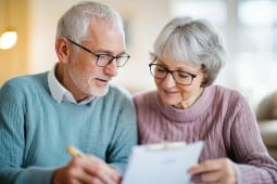 Un couple de seniors regarde un document.
