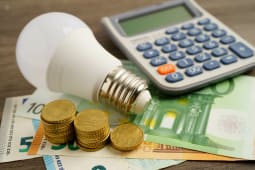 Des billets, une ampoule et une calculatrice.