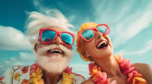 Un couple senior, heureux, riant ensemble, en vacances au soleil, portant des chemises hawaennes, des colliers de fleurs et des lunettes de soleil rouge, concept de bonheur  la retraite.
