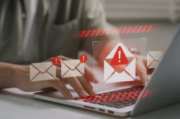 Personne utilisant un ordinateur portable avec des alertes de scurit email.
