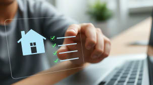 Personne interagissant avec interface holographique de maison intelligente.