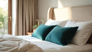 Chambre lumineuse avec lit blanc et coussins verts.