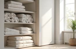 tagre avec serviettes blanches roules dans une pice lumineuse.