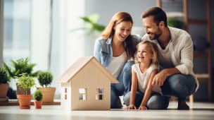 Famille souriante regarde une maison modle  l'intrieur.