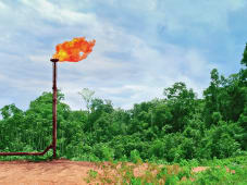 Gaz naturel inutilis pour la production et le transport par pipeline, au milieu de la fort amazonienne, sur les rives de la rivire Uruc. Coari, Amazonas, Brsil, 2020