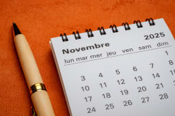Calendrier de novembre 2025 avec un stylo sur fond orange.