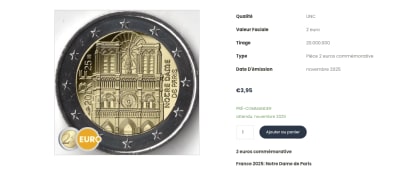 Pice de 2 euros commmorative avec Notre-Dame de Paris.