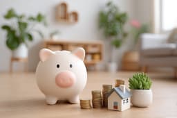 Tirelire, pi�ces, maisonnette et plante sur une table.