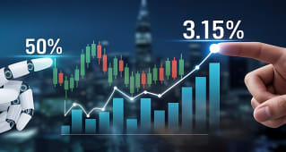 Main humaine et robotique analysant des graphiques financiers avec pourcentages.