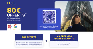 Offre de bienvenue LCL offrant 80 euros pour une ouverture de compte.
