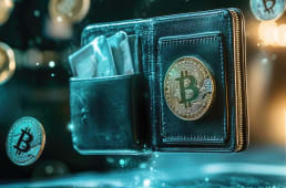 Portefeuille avec pi�ce Bitcoin et cartes, ambiance futuriste.
