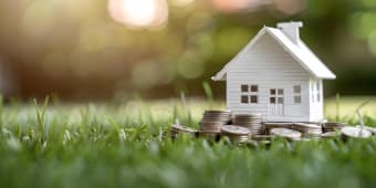 Maisonnette blanche avec pi�ces de monnaie sur herbe verte.