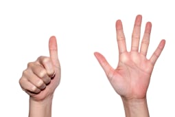 Main de femme faisant le signe du num�ro 6. Isol� sur fond blanc