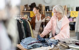 Une femme �g�e en veste se tient pr�s du comptoir avec des pantalons et choisit des jeans en denim de haute qualit�. Les clients sont venus pour la vente d'automne et d'hiver dans le magasin.