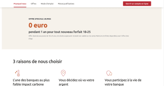 Capture du site Cr�dit Coop�ratif pr�sentant l'offre 0 euro pendant un an pour les jeunes