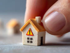 Doigt tenant une maison miniature avec un signe d?avertissement.