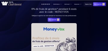 Capture du site clubinvest.com pr&eacute;sentant l'offre de bienvenue sur l'assurance vie e-vie