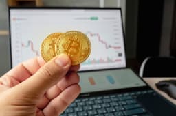 Main tenant deux bitcoins devant un ordinateur avec graphique boursier.