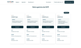Capture du site Corum pr&eacute;sentant les quatre offres SCPI avec rendements et risques.
