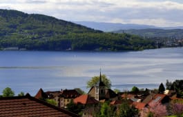 Village au bord d?un lac, montagnes et for&ecirc;t en arri&egrave;re-plan.