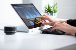 Femme d'affaires analysant un graphique sur un ordinateur portable au travail