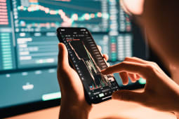 Une femme regarde le graphique du prix du Bitcoin sur son t&eacute;l&eacute;phone.