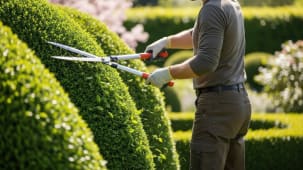 Homme taillant une haie verte avec des cisailles au jardin.