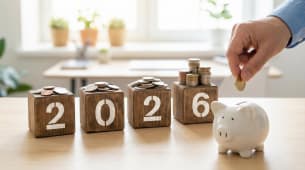 &Eacute;pargne pour 2026 avec tirelire et pi&egrave;ces de monnaie.