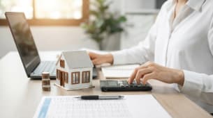 Personne calcule finances immobili&egrave;res avec ordinateur, maison miniature, pi&egrave;ces.