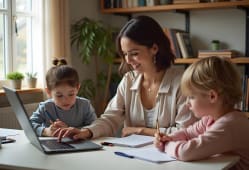 Une femme aide deux enfants &agrave; faire leurs devoirs.