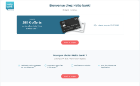 Capture du site Hello Bank pr&eacute;sentant l'offre bancaire Hello bank! avec 280? offerts et avantages 