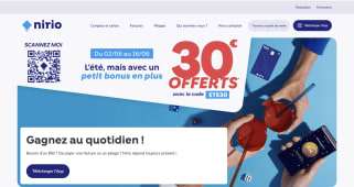 Capture du site Nirio pr�sentant l'offre de bienvenue 30 euros offerts.
