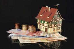 Maison miniature pos&eacute;e sur des billets et pi&egrave;ces d?euros.