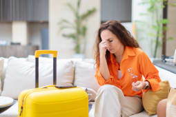 Une femme stress&eacute;e tenant des lunettes et touchant son visage tout en &eacute;tant assise pr&egrave;s d'une valise.