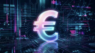Symbole euro lumineux sur fond de circuits &eacute;lectroniques futuristes.