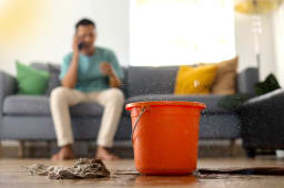 Un seau recueille de l?eau qui fuit du plafond, avec en fond, un homme au t&eacute;l&eacute;phone.