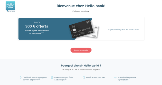 Capture du site Hello bank! pr�sentant l'offre de bienvenue jusqu'� 300? offerts