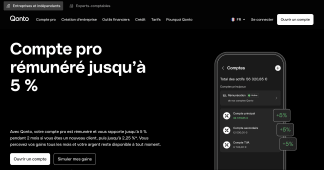 Capture du site Qonto pr&eacute;sentant le compte professionnel r&eacute;mun&eacute;r&eacute; jusqu'&agrave; 5 %